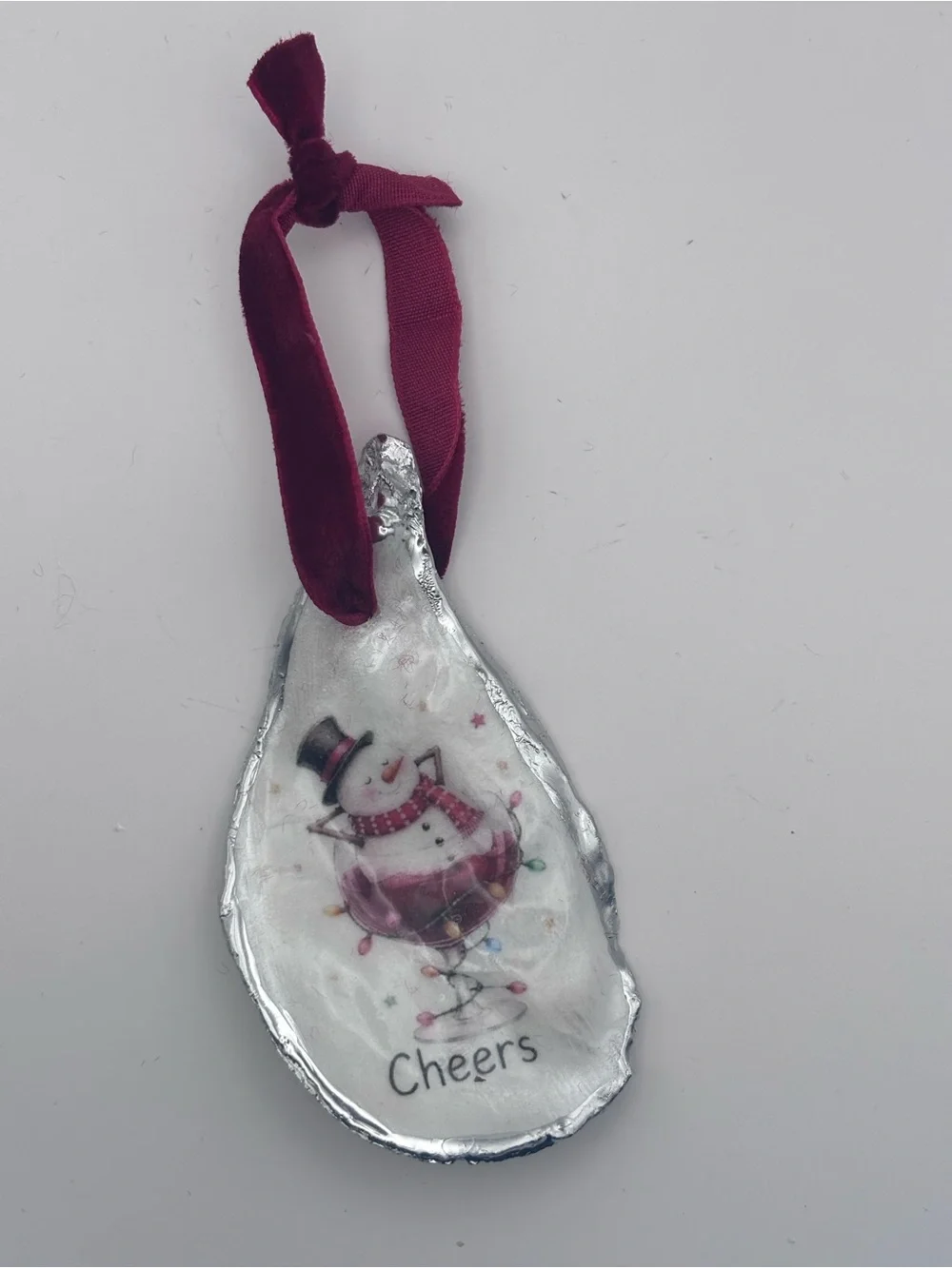 Holiday Cheers Snowman Oyster Ornament with Burgundy Ribbon